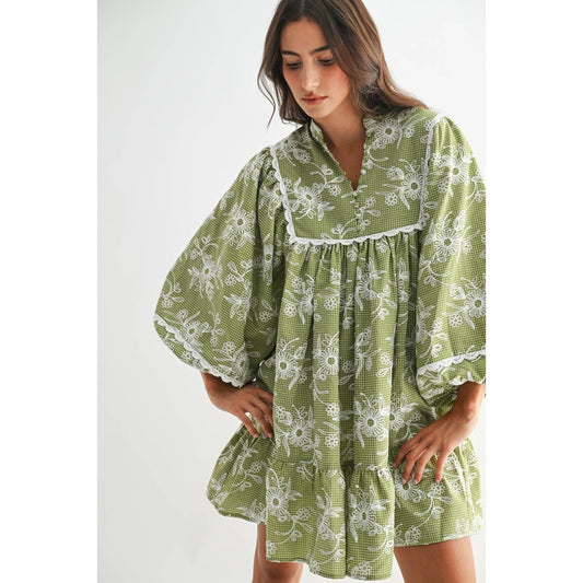 EMBROIDERED DRESS WITH BALLOON SLEEVES: MOSS GREEN/CREAM / S-M-L(3-2-1)