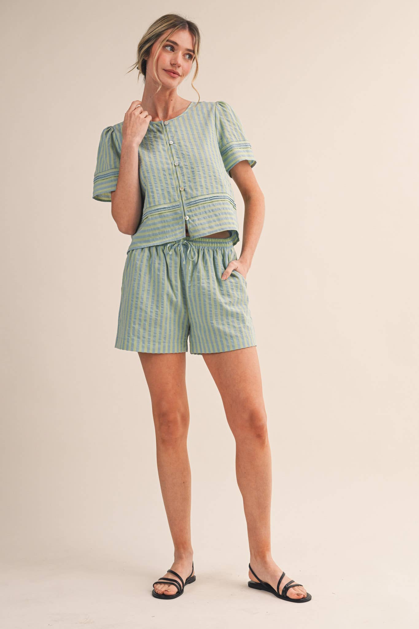 STRIPED BUTTON UP TOP AND SHORTS SET MPST4488: PINK RASPBERRY STRIP / L
