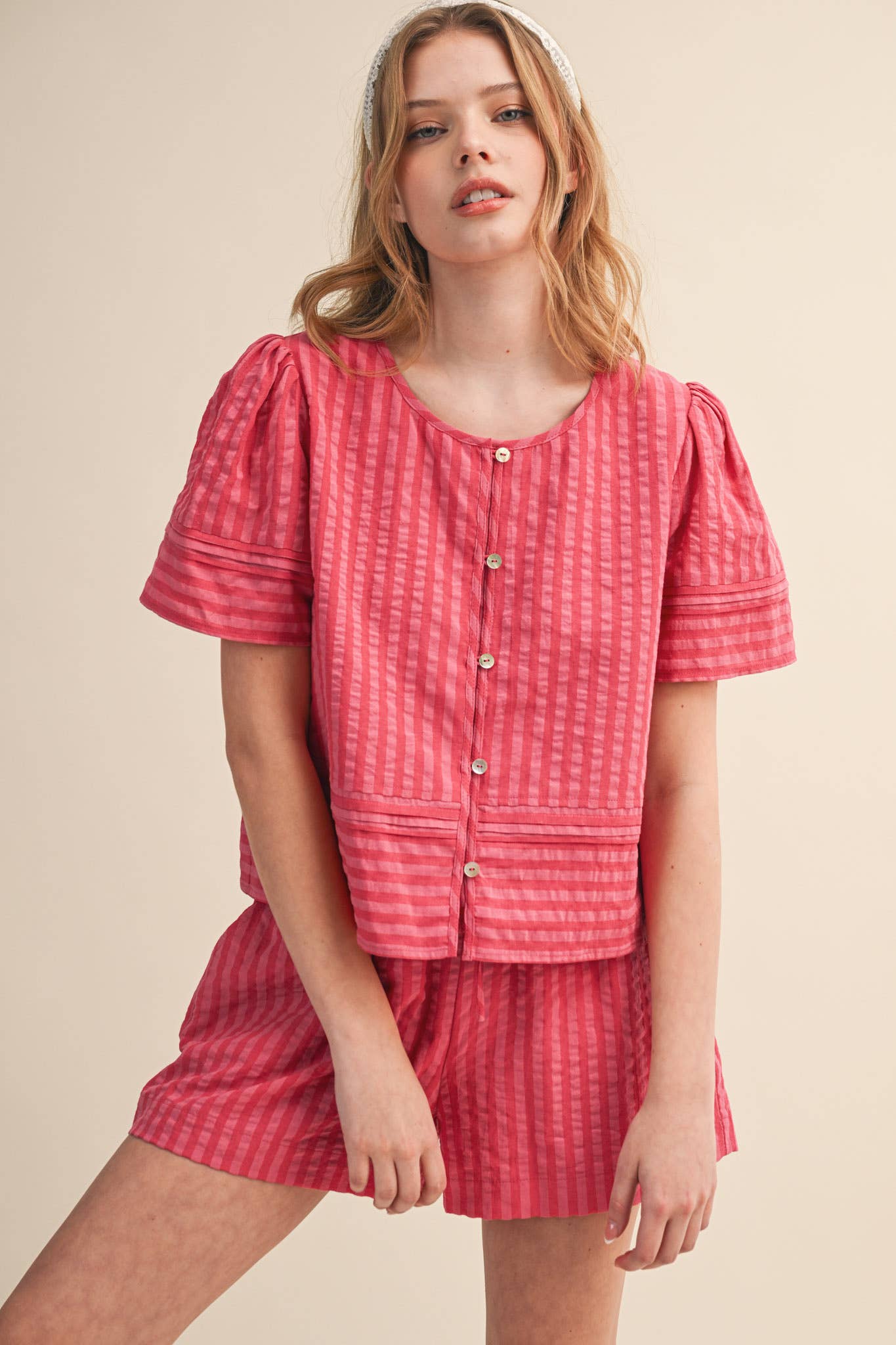 STRIPED BUTTON UP TOP AND SHORTS SET MPST4488: PINK RASPBERRY STRIP / L