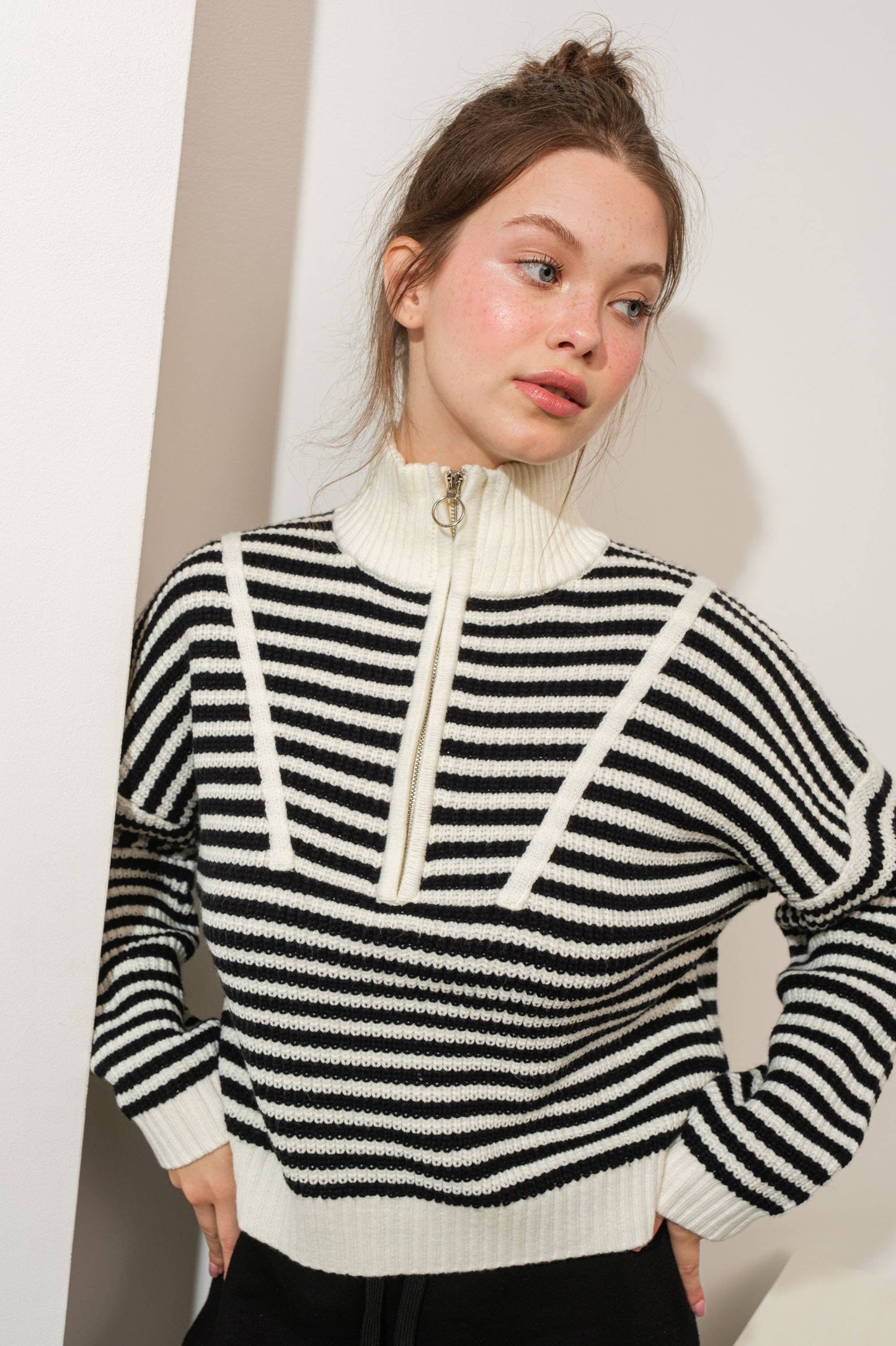Preppy Californian Half-zip Striped Sweater-BLUE: BLUE / S