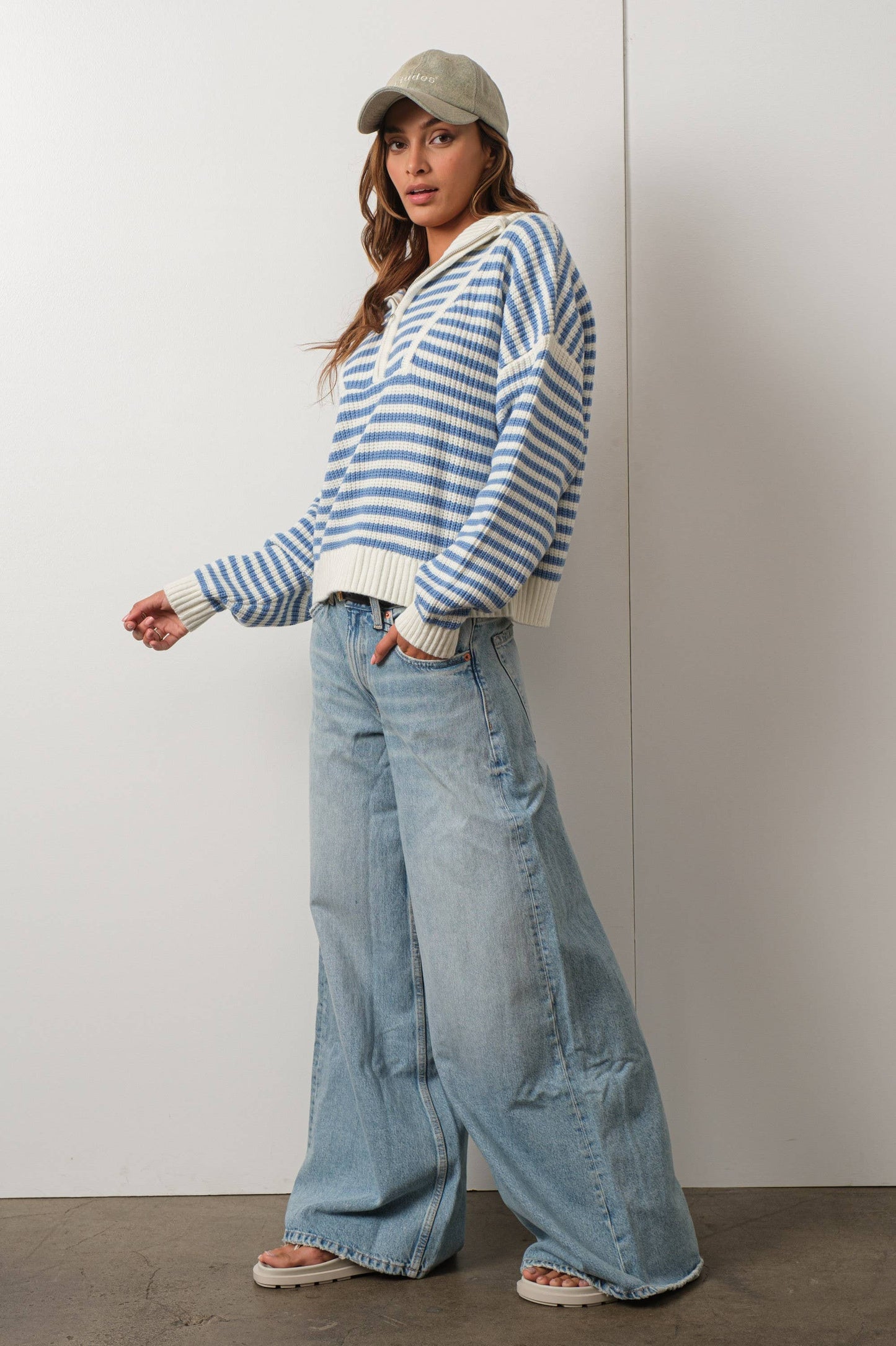 Preppy Californian Half-zip Striped Sweater-BLUE: BLUE / S